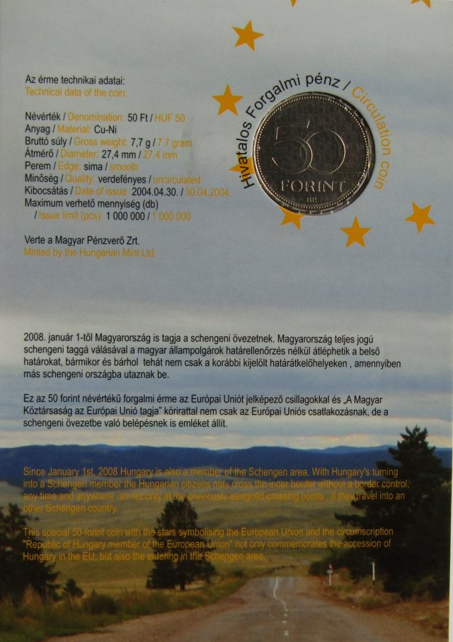 2004. vi forgalmi rms bliszter Magyarorszg a Schengeni-vezet tagja forint emlkrms bliszter