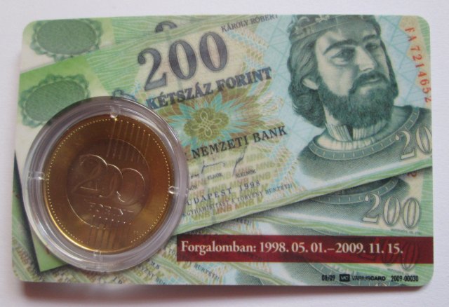 2009. évi első napi veret plasztik kártyában  Új 200 forintos érme plasztik kártyában