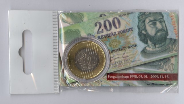 2009. évi első napi veret plasztik kártyában Új 200 forintos érme plasztik kártyában