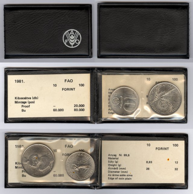 1981-es FAO 10 és 100 forintos fekete műbőrtokban