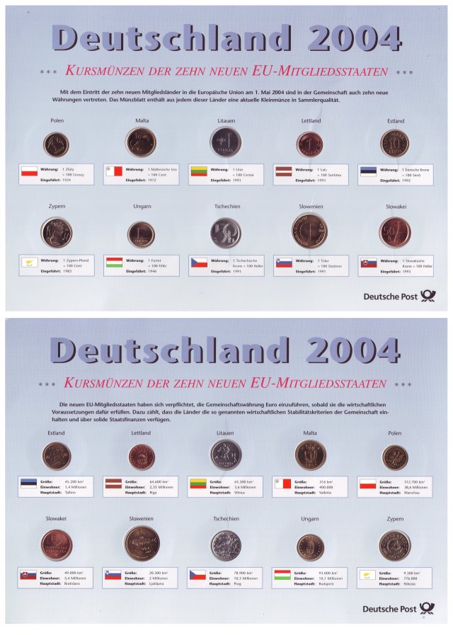 Kursmünzen der Zehn Neuen  Eu-Mitgliedsstaaten