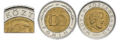 2002-os 100 forint Kossuth próbaveret BU
