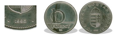 1995-s 10 forint BU fnyestett