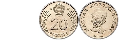 1989-es 20 forint Magyar Népköztársaság címer Magyar Köztársaság körirat