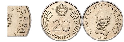 1989-es 20 forint Magyar Népköztársaság címer Magyar Köztársaság körirat próbaveret