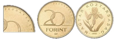 1992-es 20 forint próbaveret PP