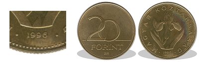 1996-os 20 forint proof tükörveret