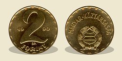 1990-es 2 forint Magyar Köztársaság körirat - Magyar Népköztársaág címer