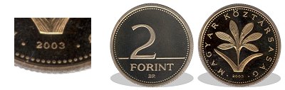 2003-as 2 forint proof tükörveret