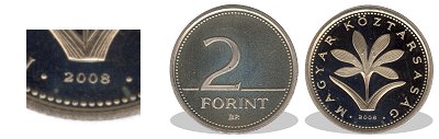 2008-as 2 forint proof tükörveret