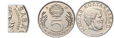 1989-es 5 forint Magyar Népköztársaság címer Magyar Köztársaság körirat próbaveret