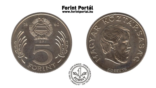 1990-es 5 forint Magyar Kztrsasg krirat - Magyar Npkztrsag cmer